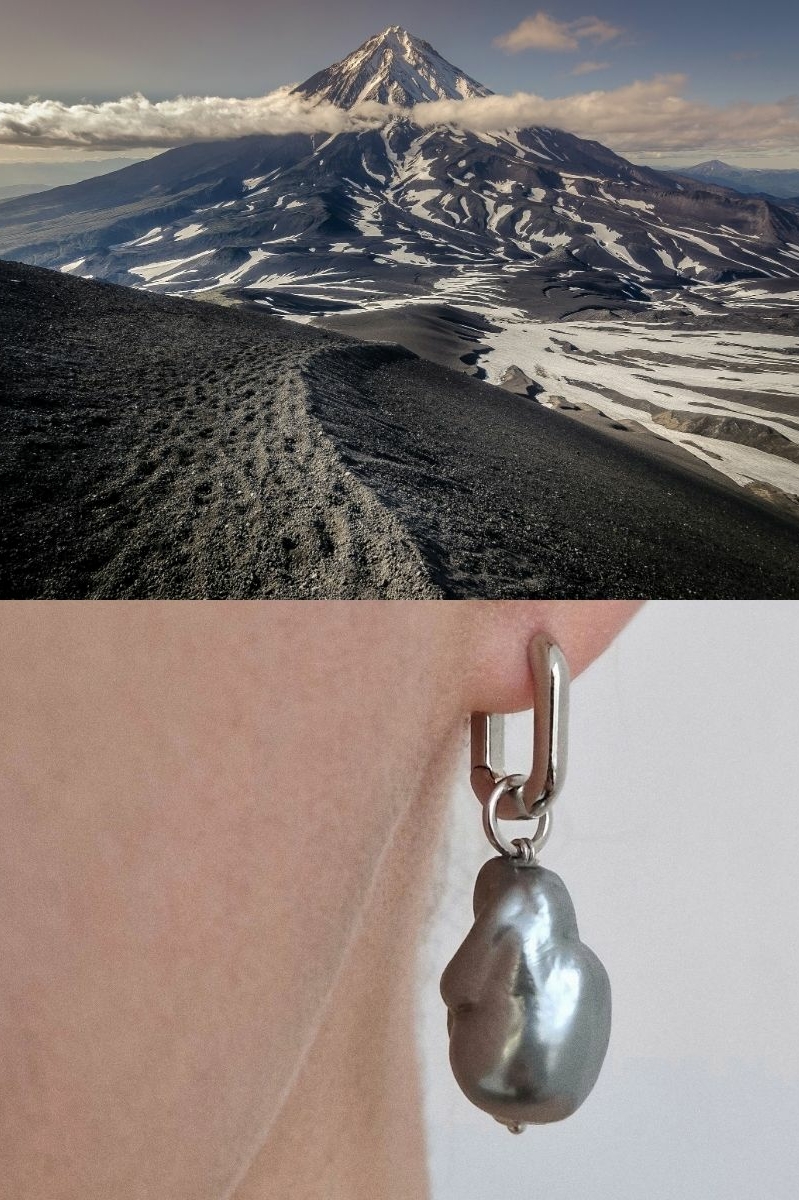 коллаж из 2-х фото: сверху — Камчатка, снизу — серьги с жемчугом на женском ухе