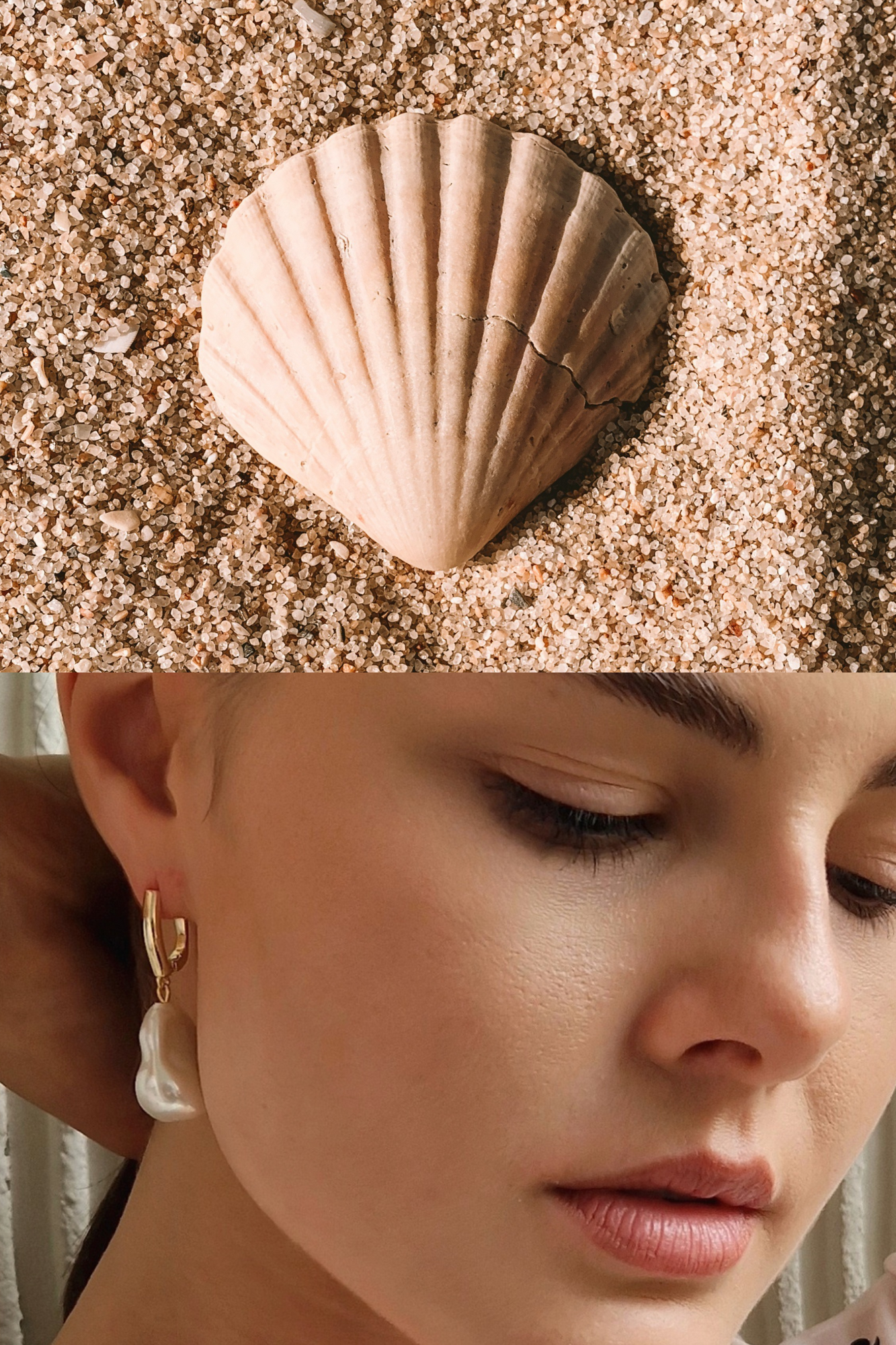 коллаж из 2-х фото: на верхнем — ракушка под водой, на втором — серёжка с жемчугом на девушке