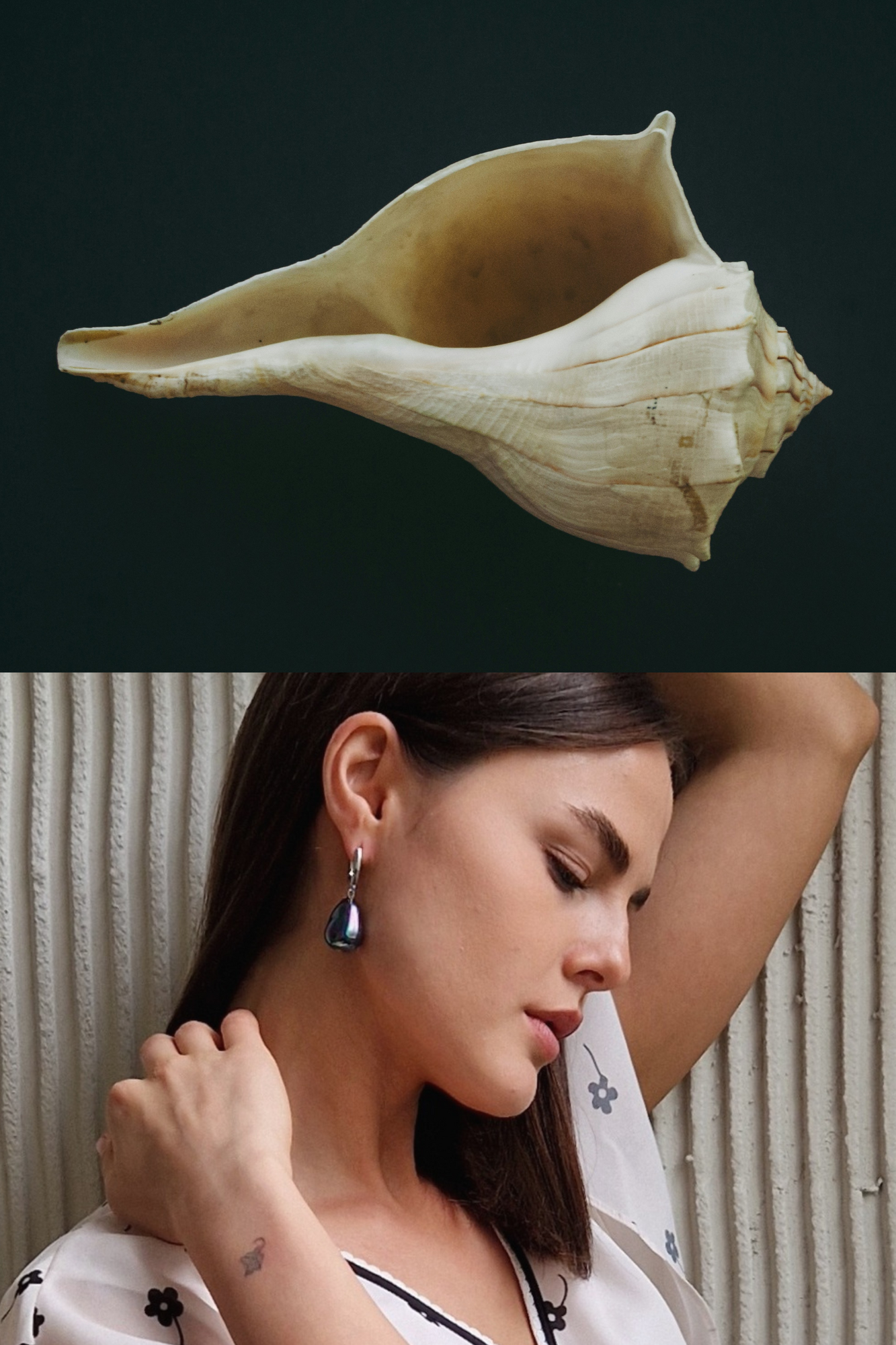 коллаж из 2-х фото: на верхнем — ракушка, на нижнем — серьги с чёрным жемчугом на девушке