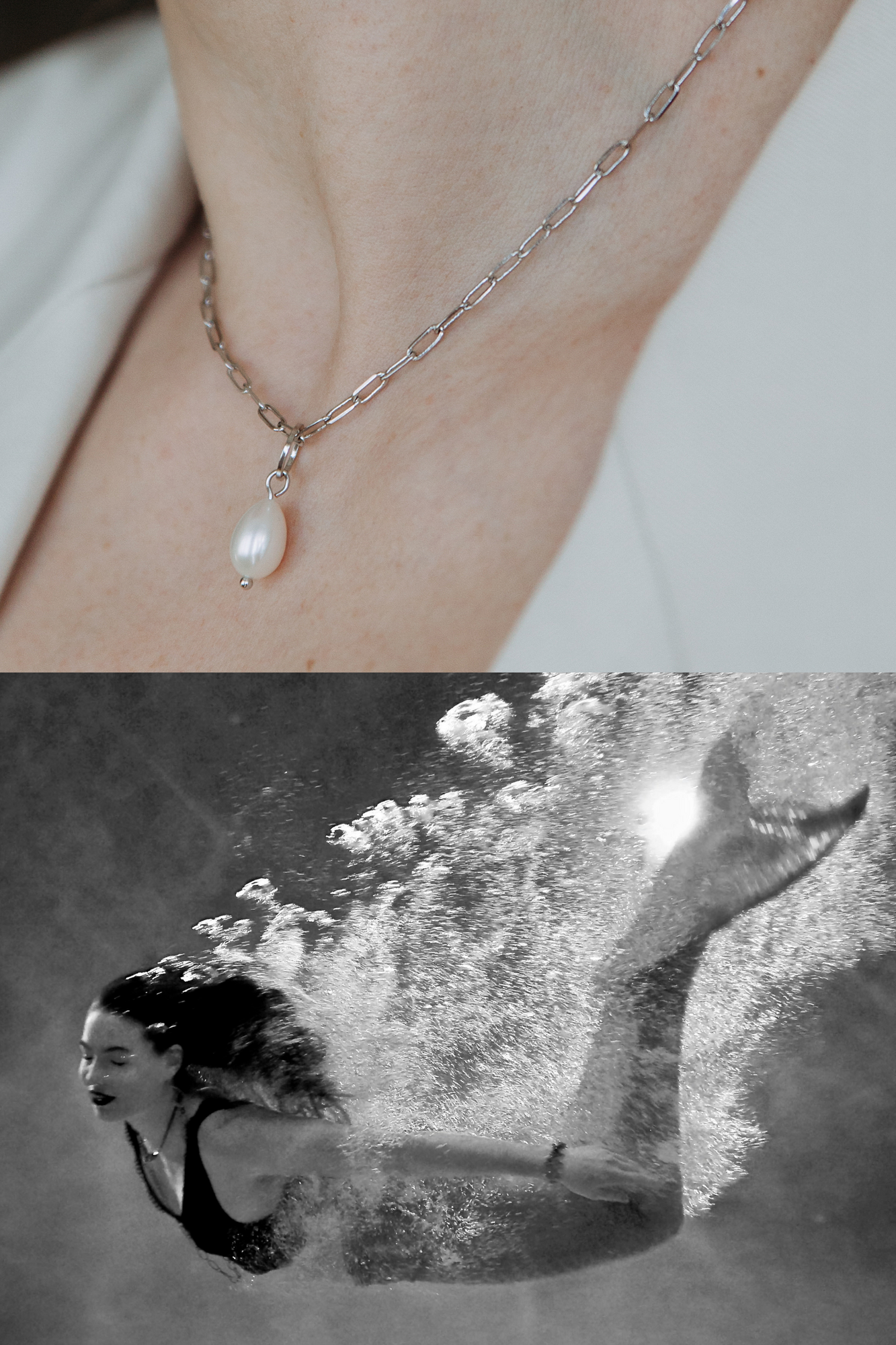 коллаж из 2-х фото: на верхнем — цепочка с жемчужиной, на нижнем — русалка