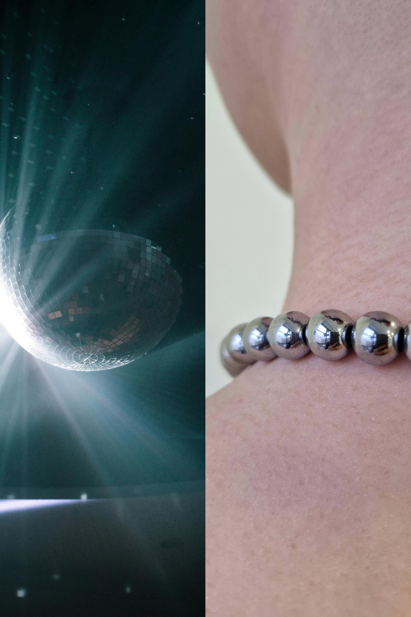 коллаж из 2-х фото: слева дискошар, справа чокер из круглых бусин гематита на женской шее