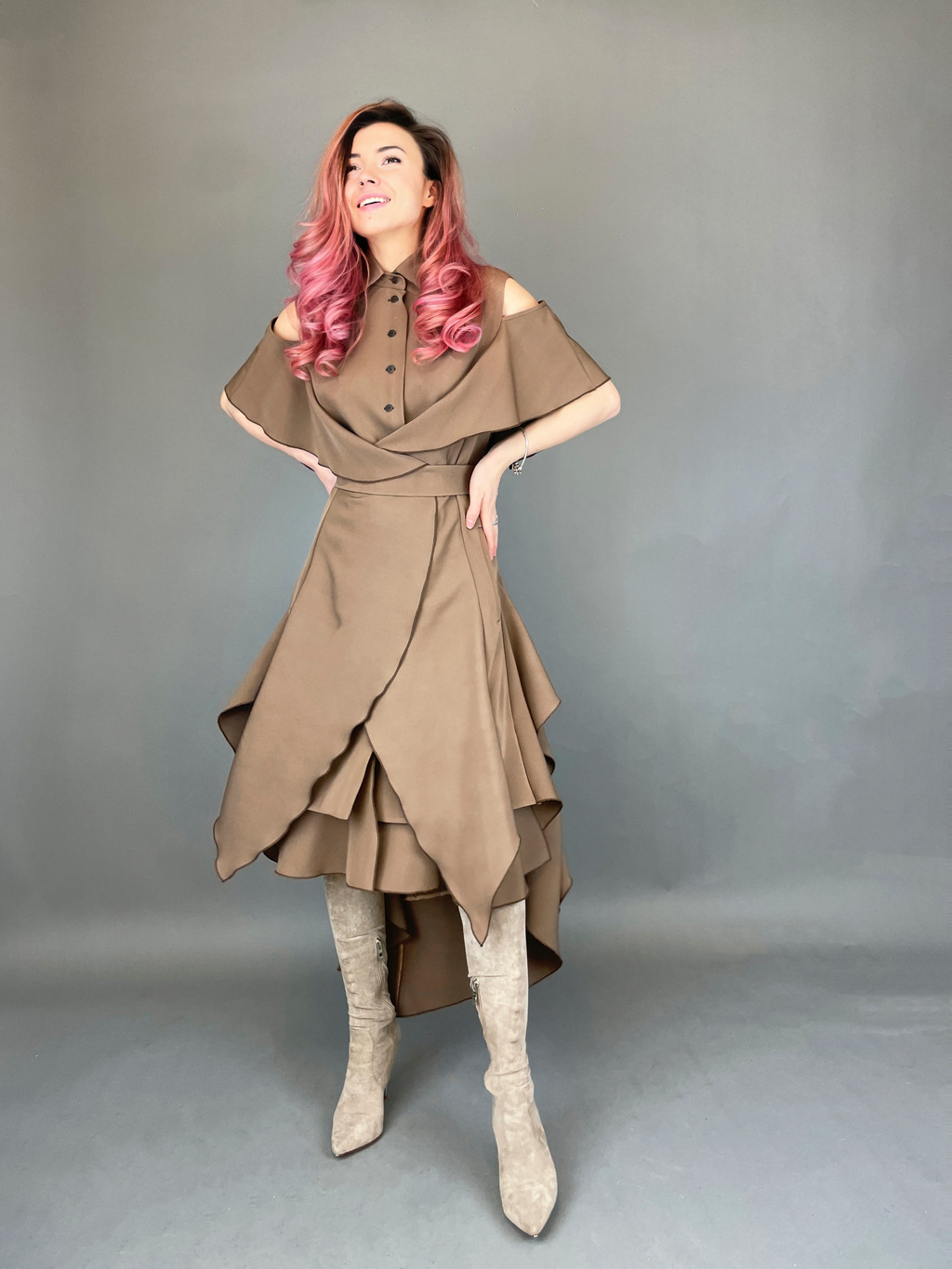 Shirt dress with ruffles (coffee)