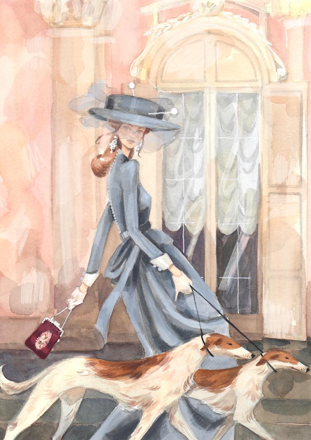 Постер с акварели "Дама с борзыми собаками на фоне павильона", созданной по заказу ателье My Cottage Garden