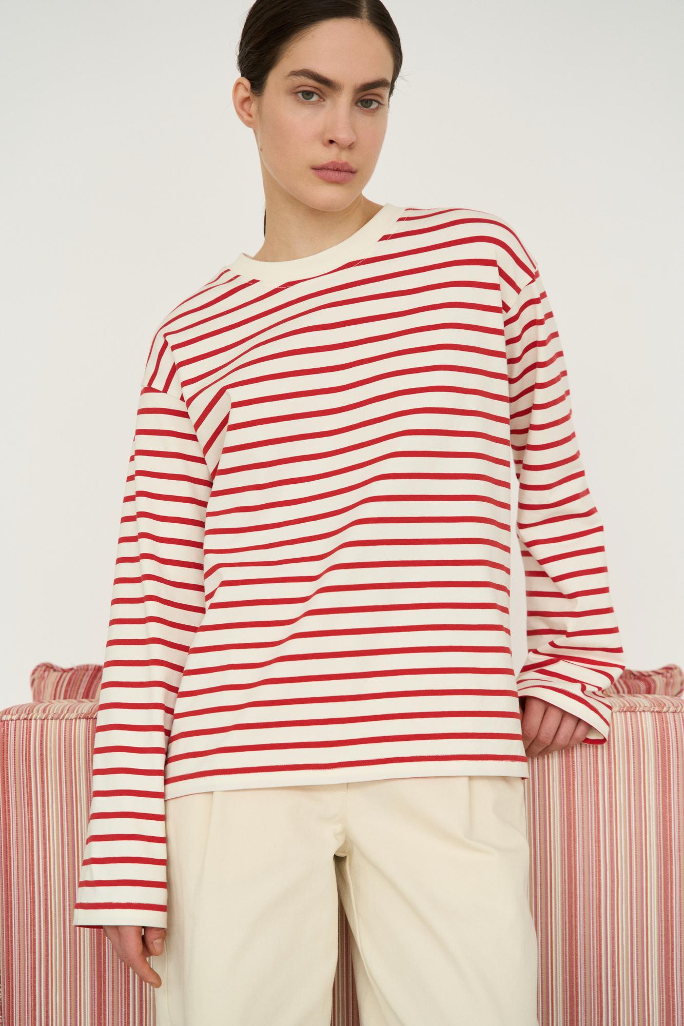 Лонгслив в полоску, красный-айвори
