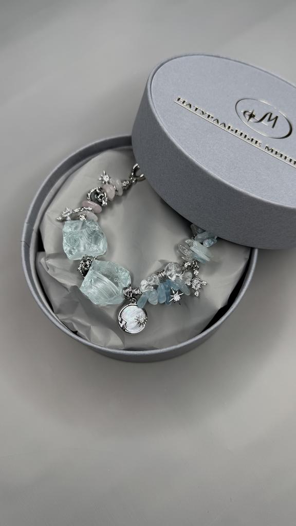 БРАСЛЕТ ИЗ АКВАМАРИНА, КВАРЦА И КОШАЧЬЕГО ГЛАЗА "СЕЛИСТА"