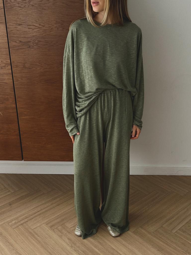 Костюм Лонг и Брюки Over Sage из тонкого фактурного трикотажа