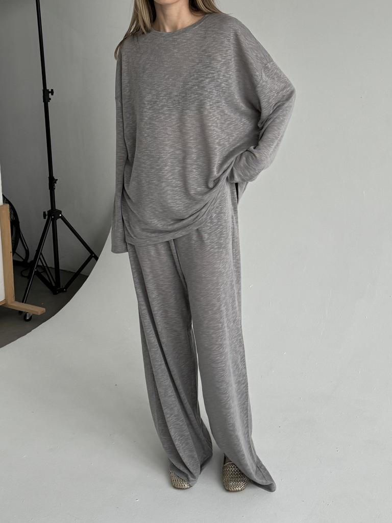 Костюм  Лонг и Брюки Over Сталь из тонкого фактурного трикотажа