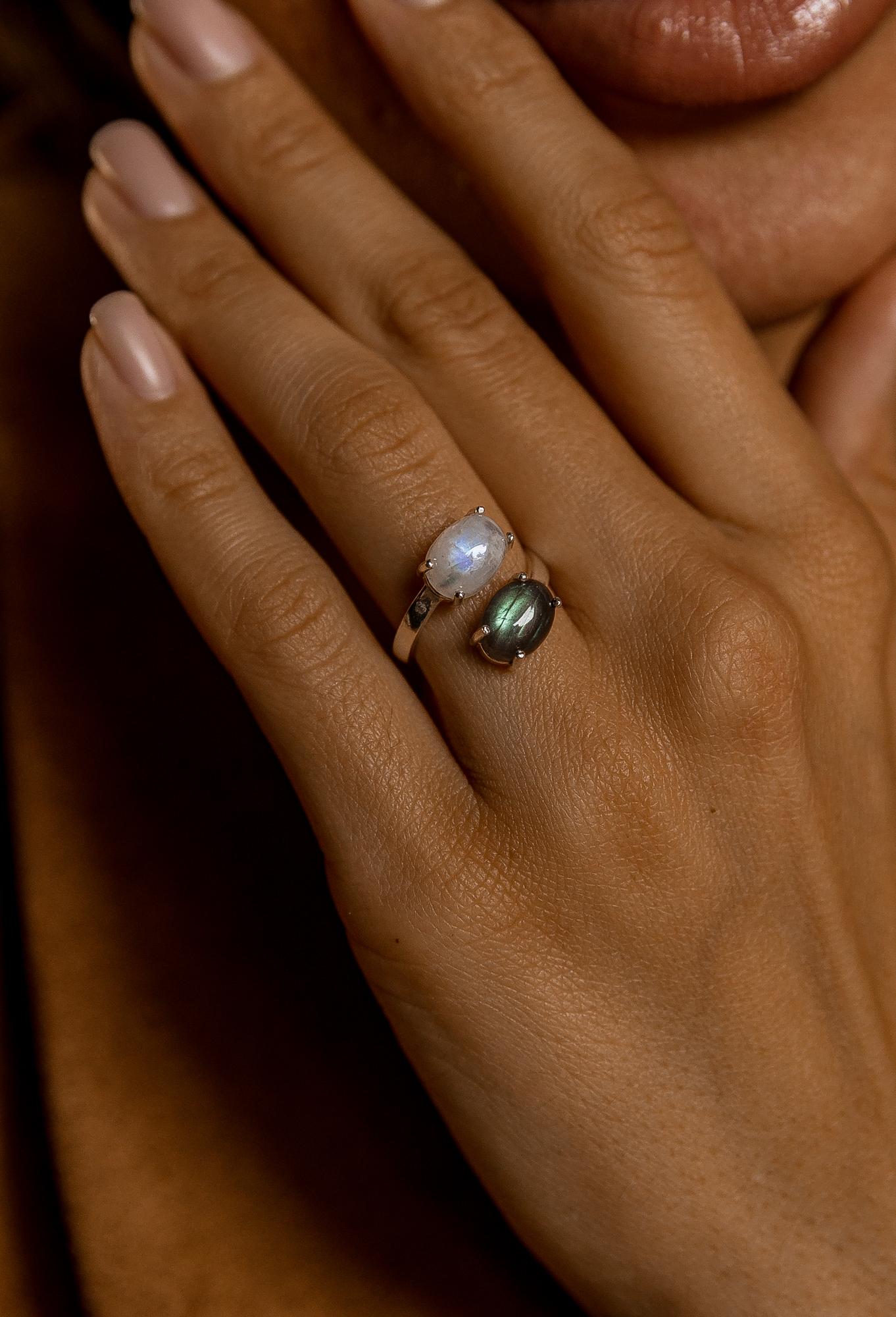 Двойное кольцо с лунным камнем и лабрадоритом