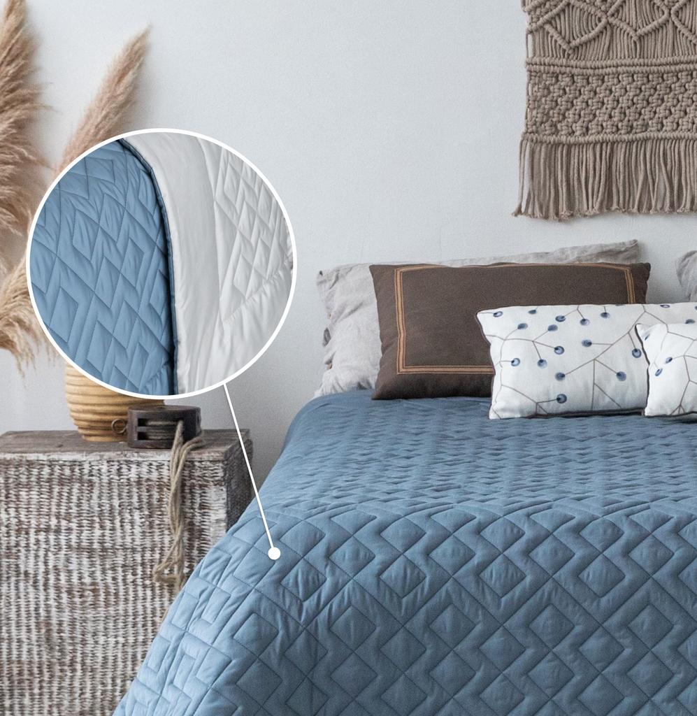 SKY PREMIUM/Скай Премиум, покрывало двустороннее стеганое из сатинового хлопка, цвет светло-серый/синий деним