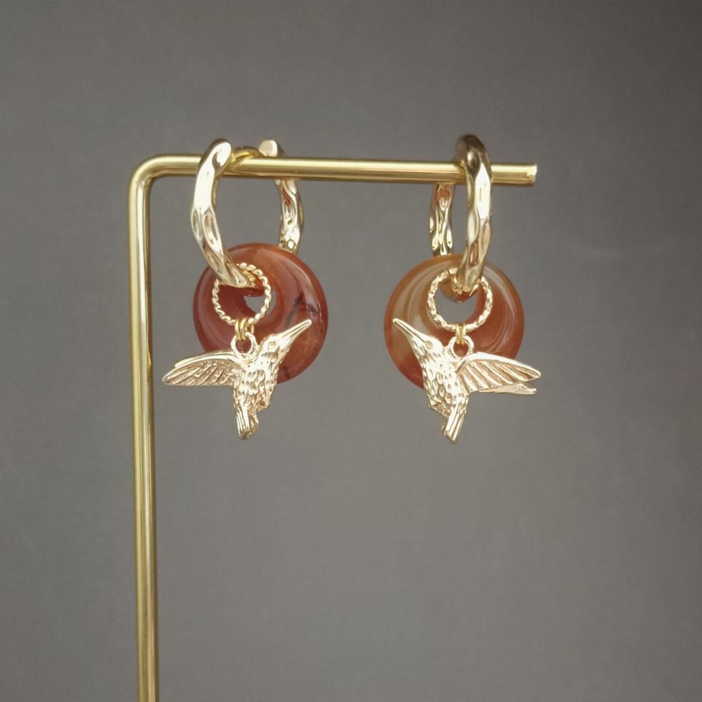 Серьги конго с сердоликом и птичкой