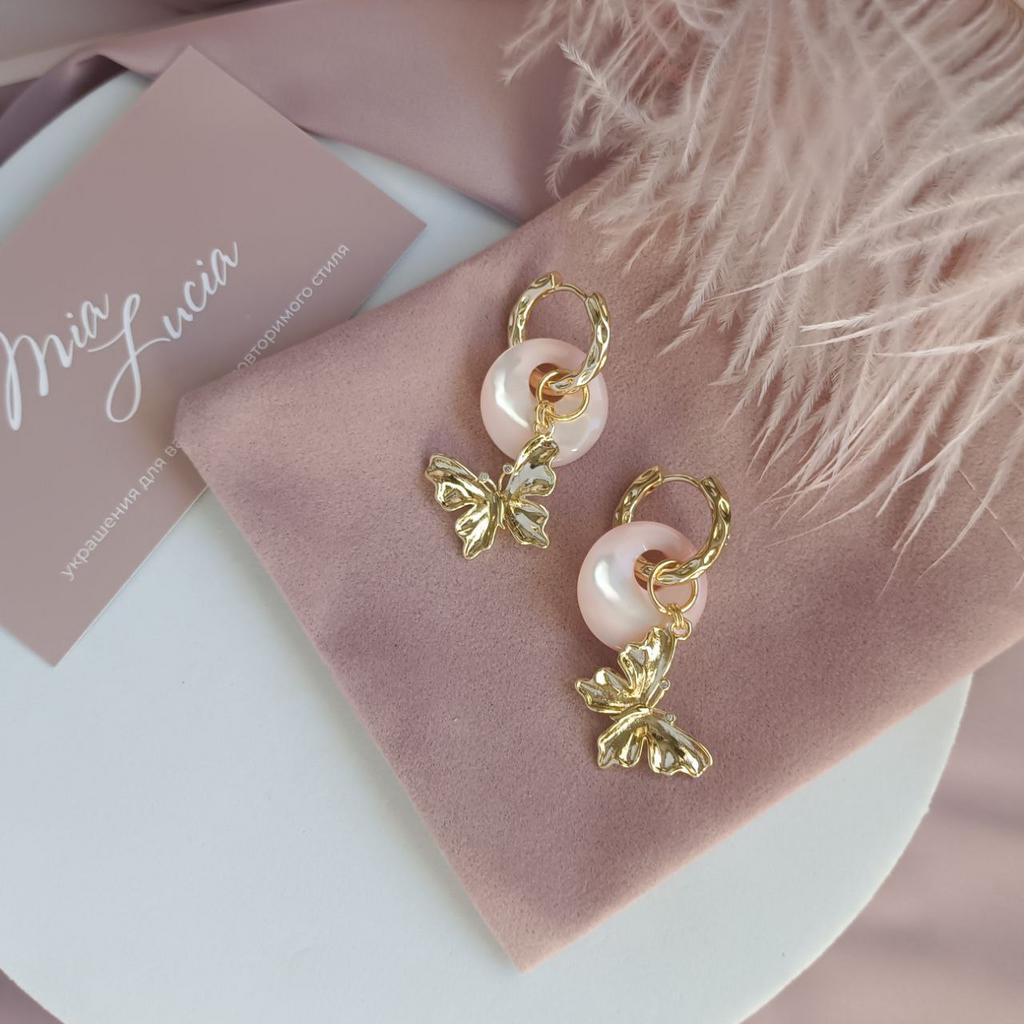 Серьги конго с розовым перламутром и бабочками