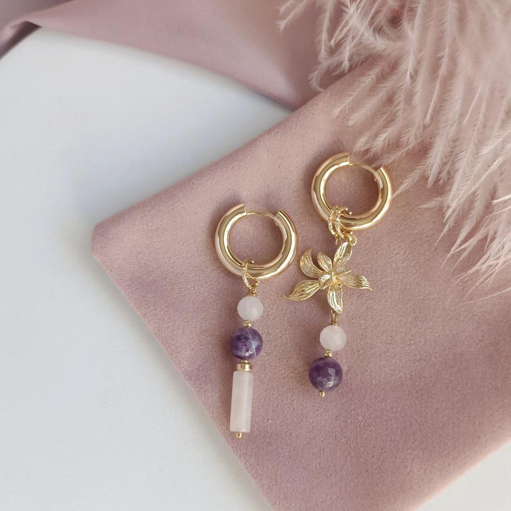 Серьги конго с аметистом, розовым кварцем и цветком