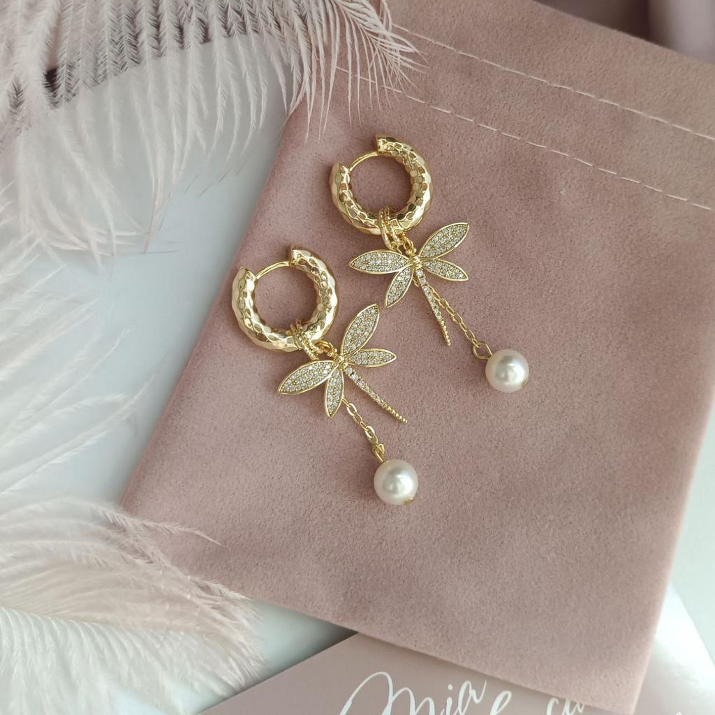 Серьги конго с жемчугом Сваровски и стрекозой