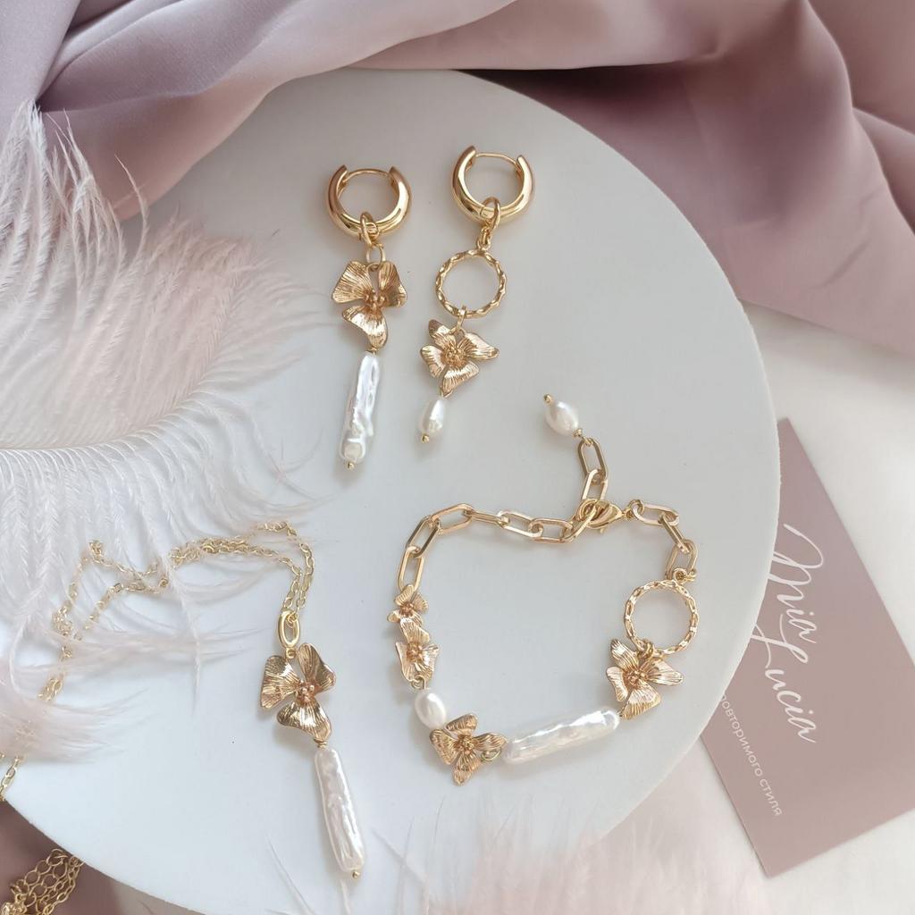 Серьги, браслет и кулон на цепочке с барочным жемчугом бива и цветами (комплектом или отдельно)