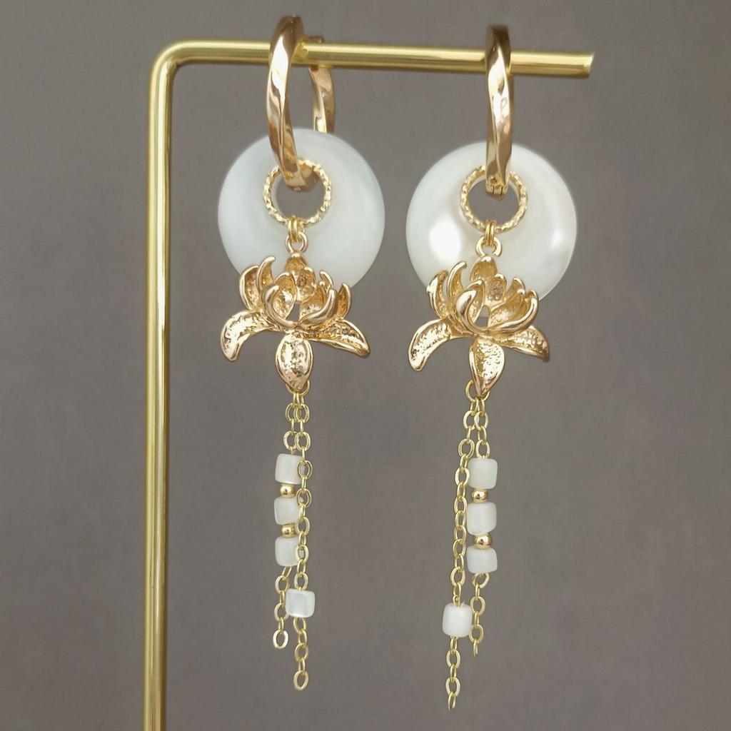 Серьги конго с перламутром и цветком с цепочками