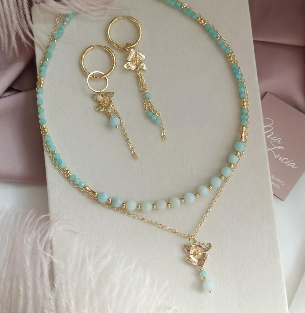 Комплект - серьги, чокер и кулон на цепочке с натуральным амазонитом (можно по отдельности