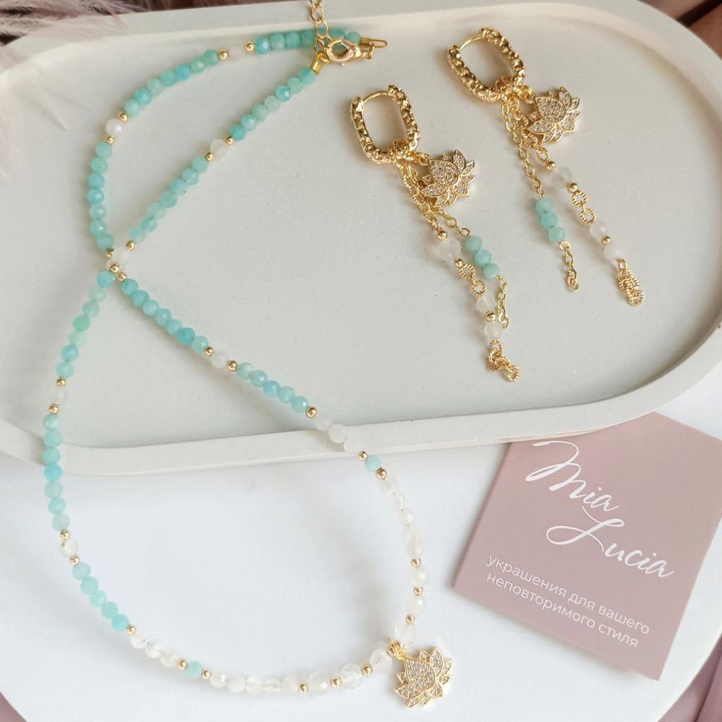 Комплект - серьги и чокер из амазонита и лунного камня с лотосом (комплектом или отдельно)