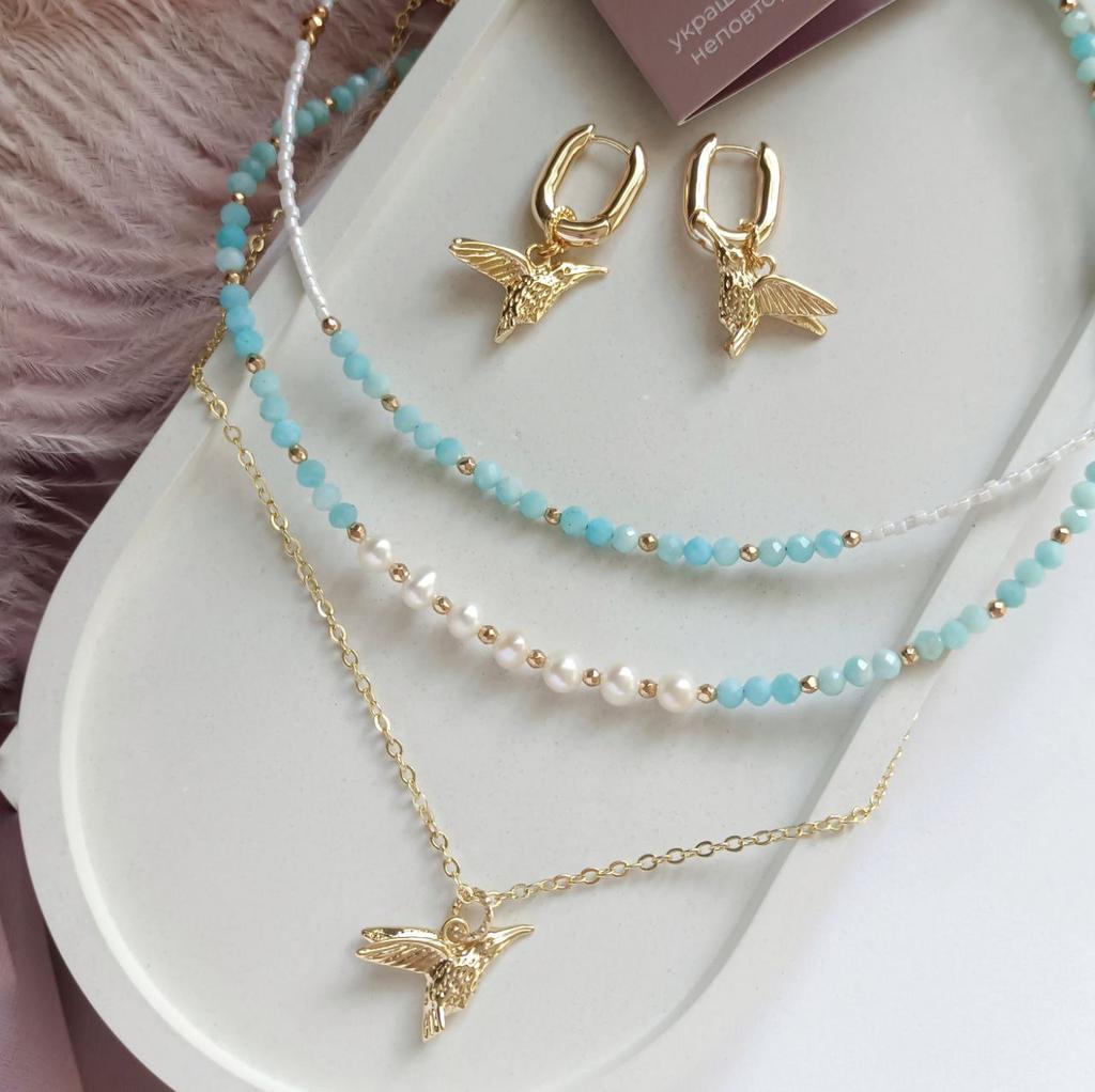 Комплект - серьги, два чокер из амазонита, натурального жемчуга и бисера, серьги конго и цепочка с подвеской колибри (комплектом или отдельно)