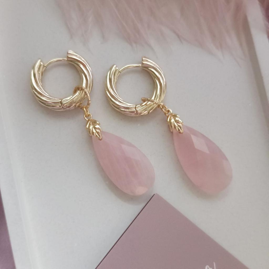 Серьги конго с розовым кварцем в форме капли