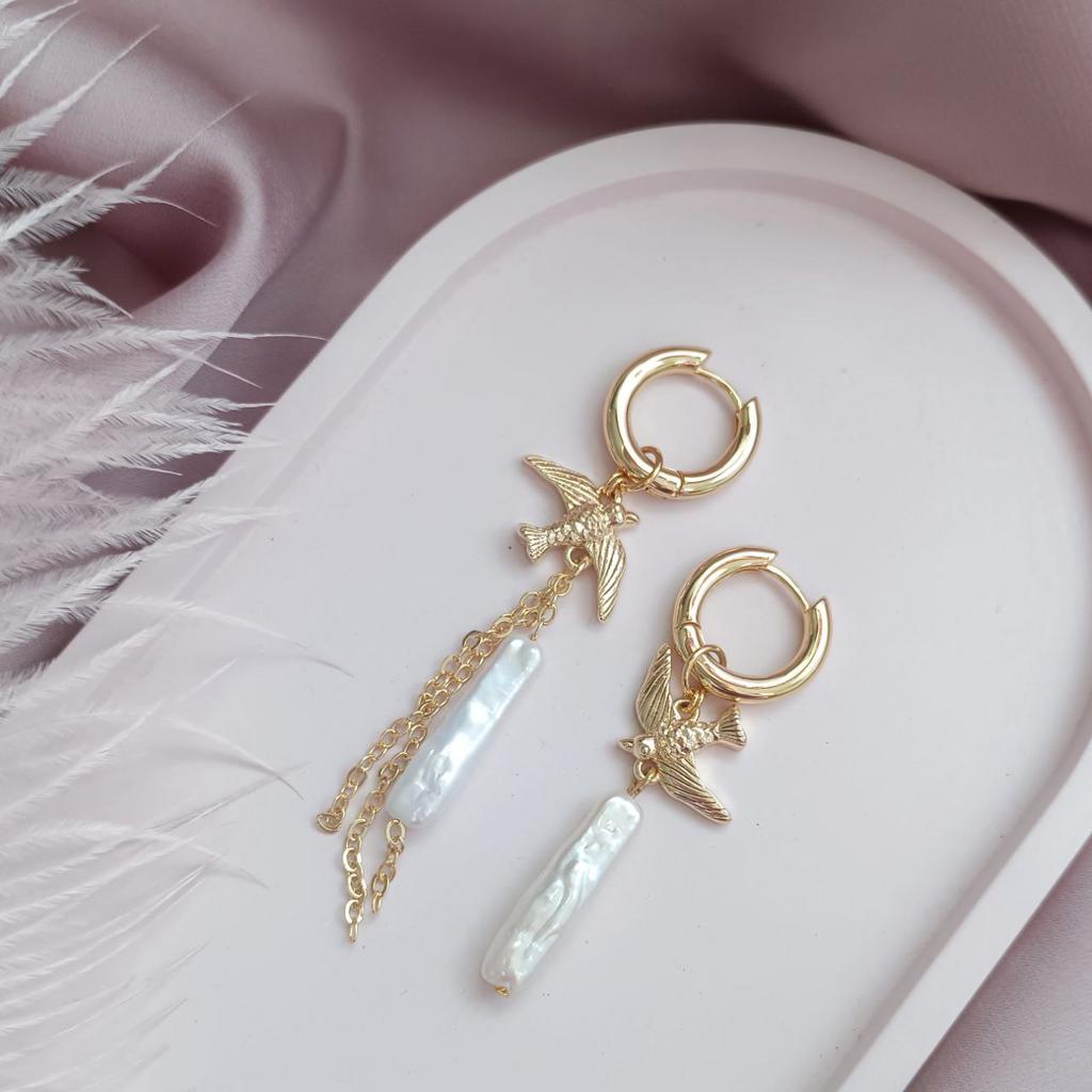 Серьги конго асимметричные барочным жемчугом бива и птицами