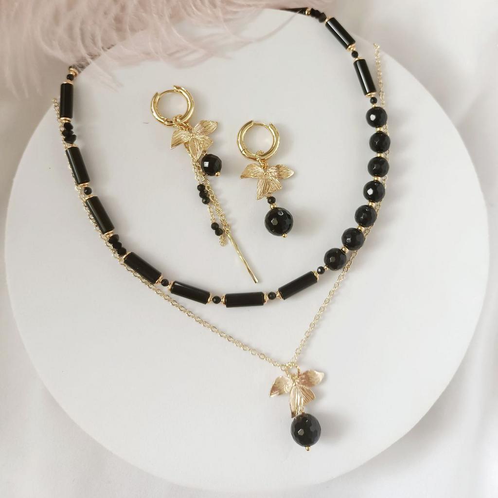 Серьги, чокер и кулон на цепочке с черным агатом (комплект или по отдельности)