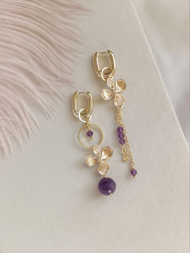 Серьги конго с цветами и аметистом
