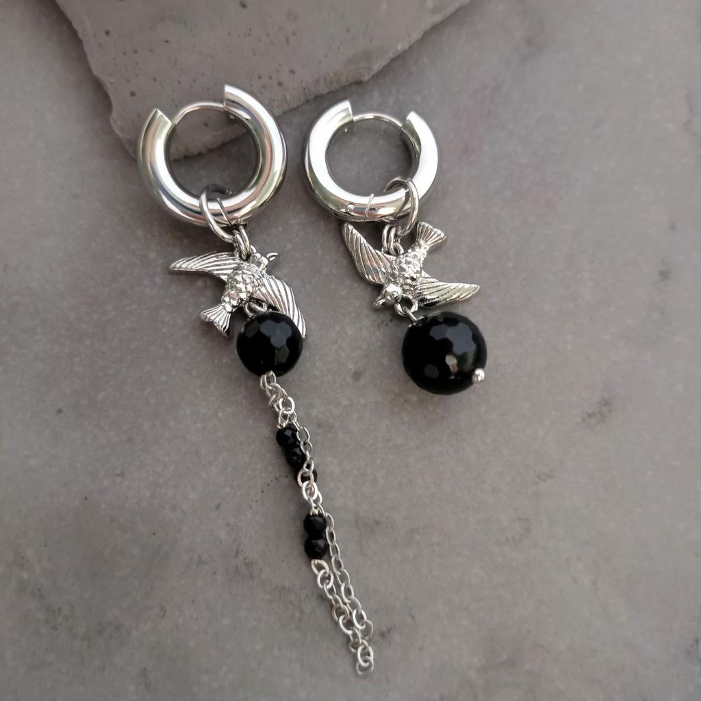 Серьги конго асимметричные черный агат и птицы