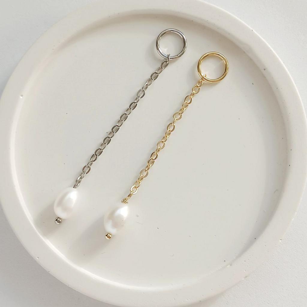 Подвеска на серьги трансформеры 1 шт - натуральный жемчуг на цепочке, позолота или родиевое покрытие