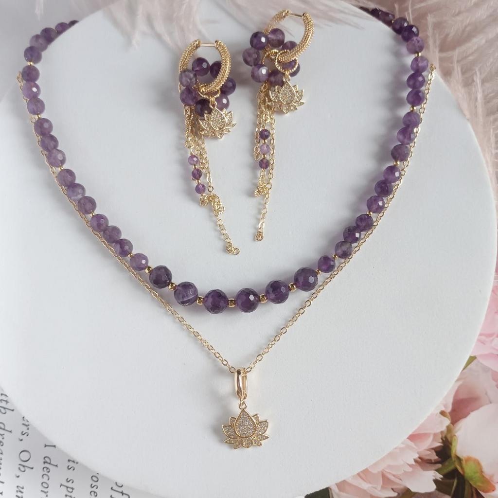 Серьги трансформеры, чокер и съемный кулон на цепочке с натуральным аметистом, позолота или родиевое покрытие