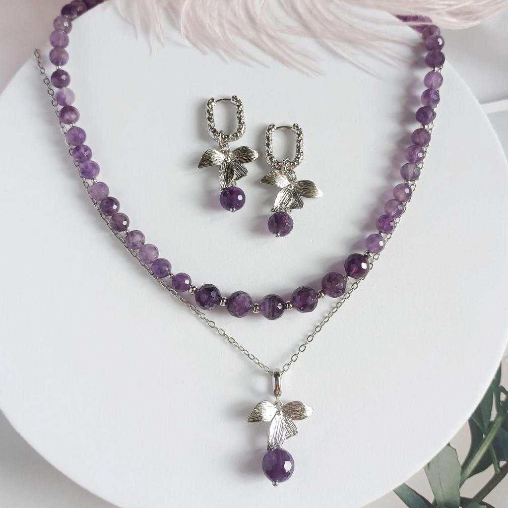 Серьги , чокер и съемный кулон на цепочке с натуральным аметистом, позолота или родиевое покрытие