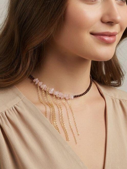 Чокер из шоколадного гематита и розового кварца с цепочками, позолота или родиевое покрытие