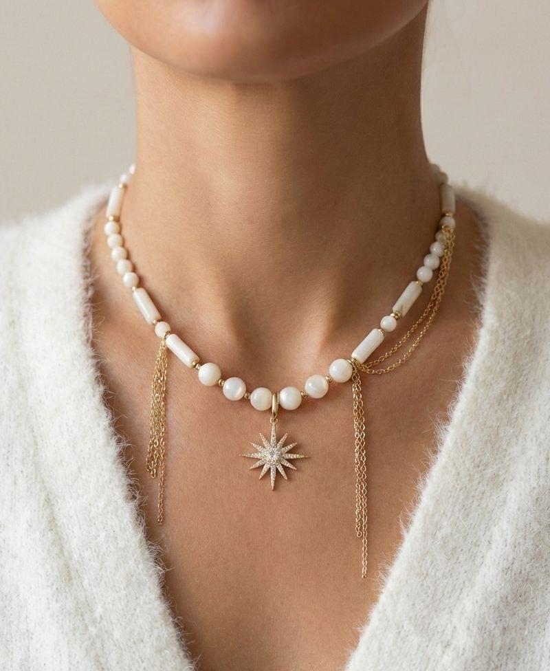 Чокер из перламутра и цепочками со съемной подвеской солнце, позолота или родиевое покрытие