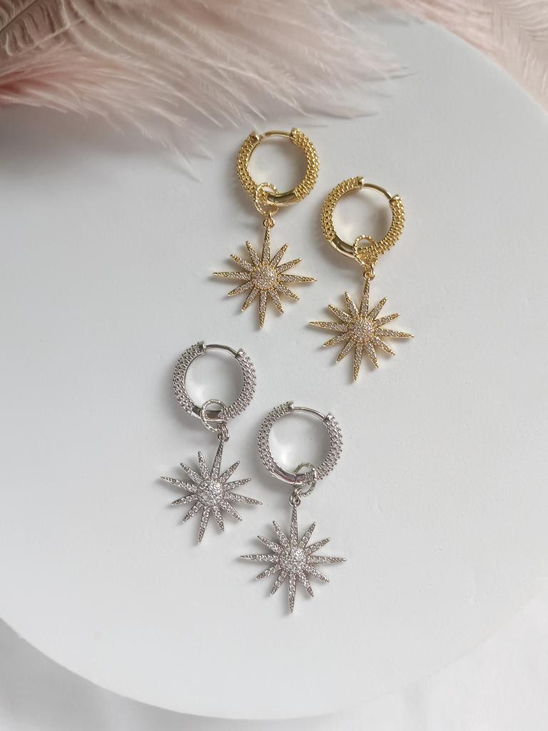 Серьги конго с подвесками солнце (позолота или родиевое покрытие)