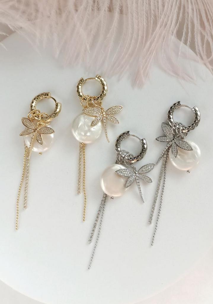 Серьги конго с подвесками стрекоза и барочным жемчугом (позолота или родиевое покрытие)