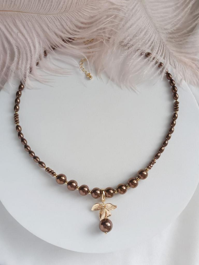 Чокер из шоколадного гематита со съемной подвеской цветок, позолота или родиевое покрытие