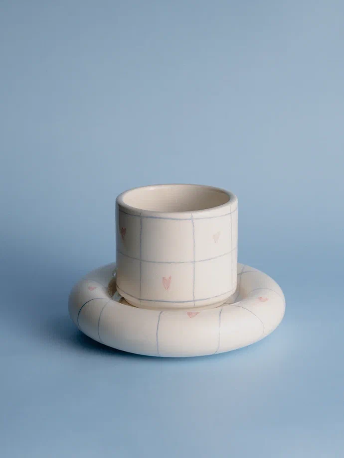 Тарелка пончик и стаканчик «в клетку и сердечки»