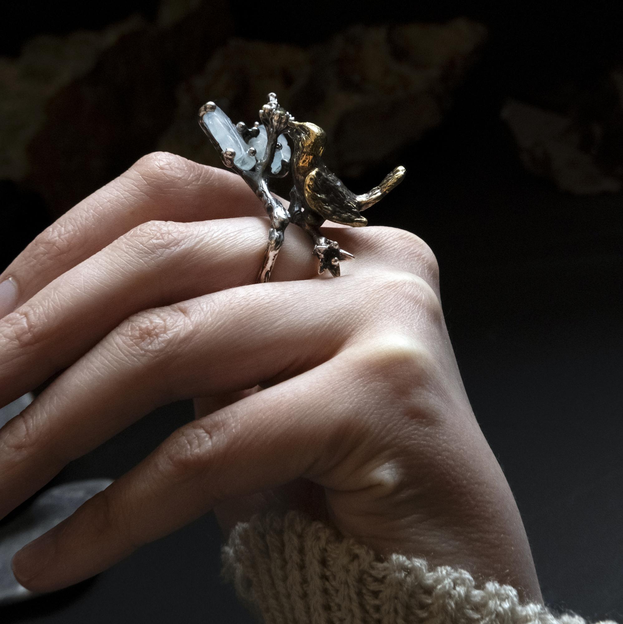 Кольцо "Птичка певчая" с аквамарином