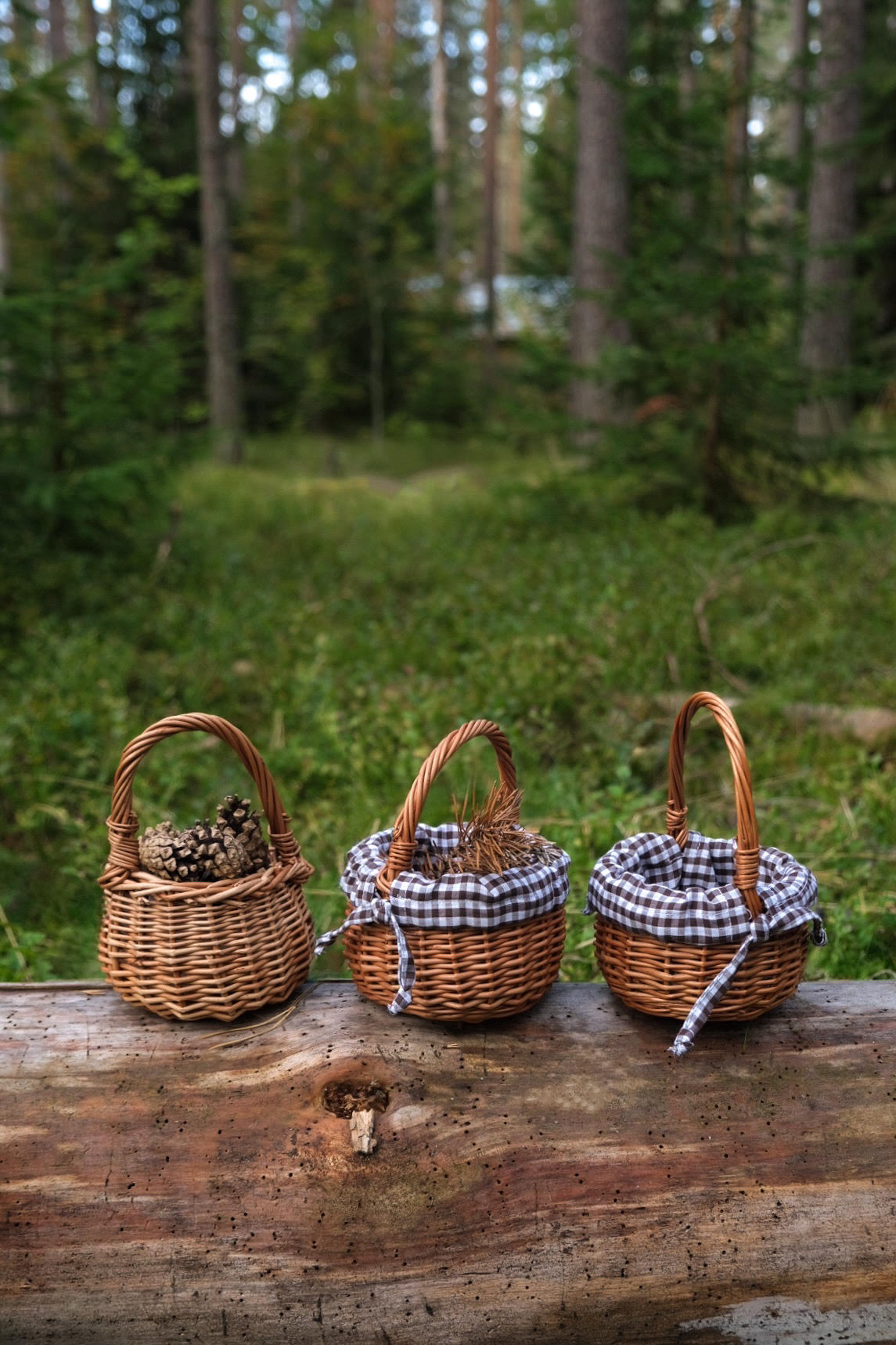 Микро-корзинки ручного плетения, с хлопковой клетчатой вставкой и на завязках