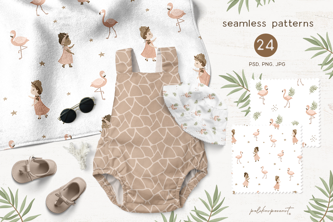 Collection "Lovely Tropical" - children's illustrations and patterns, tropical bouquets and wreaths