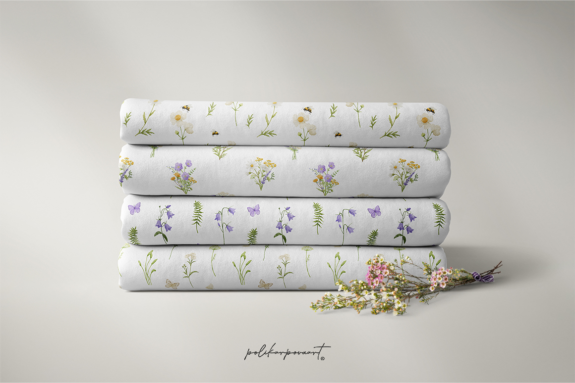 Collection "Summer Wildflowers"- watercolor illustrations and patterns, flower bouquets and wreaths