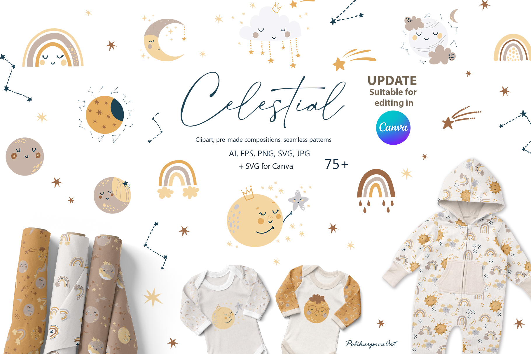 Vector collection "Celestial" - children's illustrations and seamless patterns