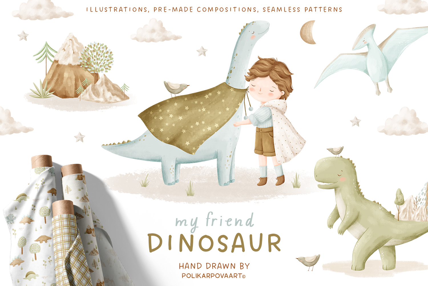 Collection "My friend Dinosaur" - graphic illustrations, compositions and patterns