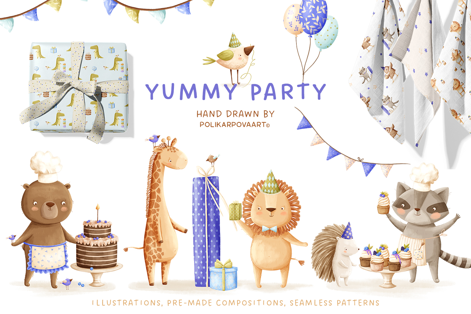 "Yummy party" collection - graphic illustrations, compositions and seamless patterns