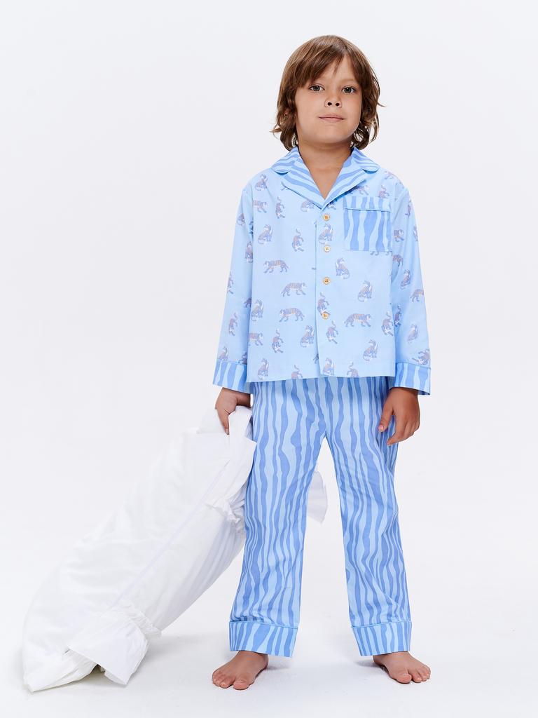 Хлопковая пижама унисекс синяя с тигровым принтом