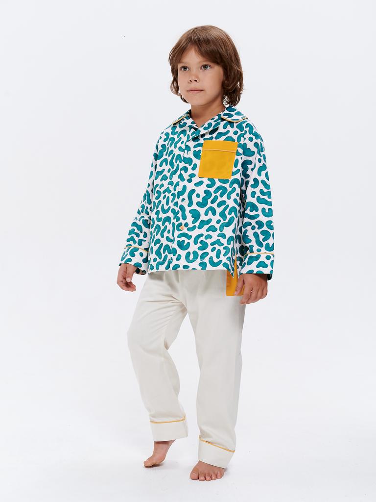 Хлопковая пижама унисекс бежевая с контрастными карманами и принтом "зеленая акварель"