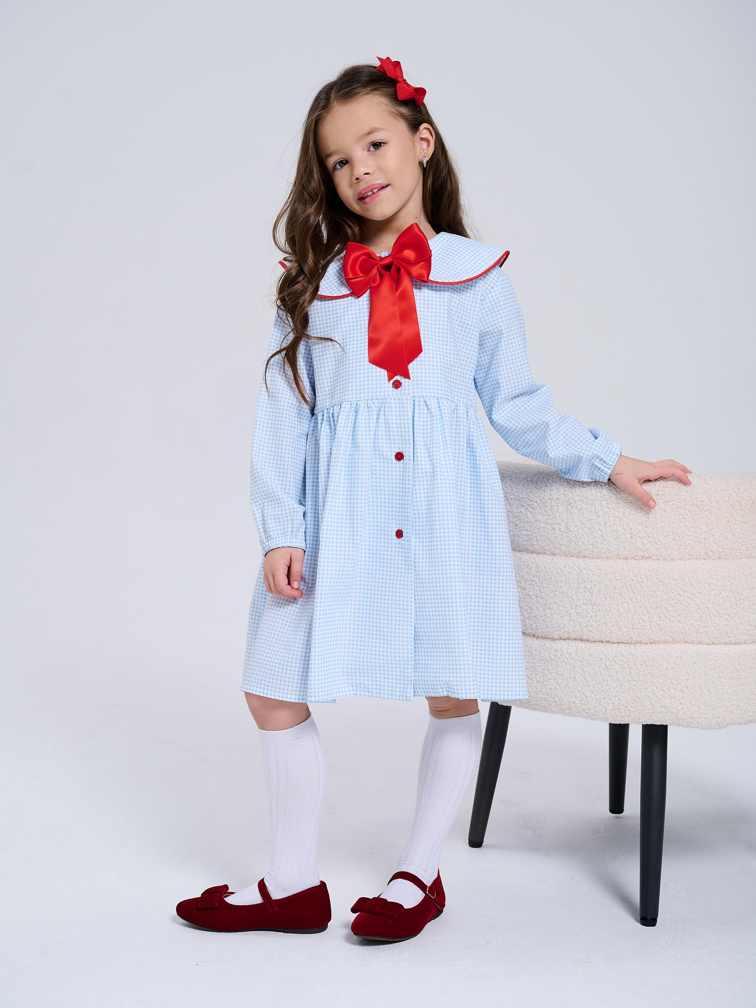 Платье в клетку с красным атласным кантом и красным бантом + заколка
