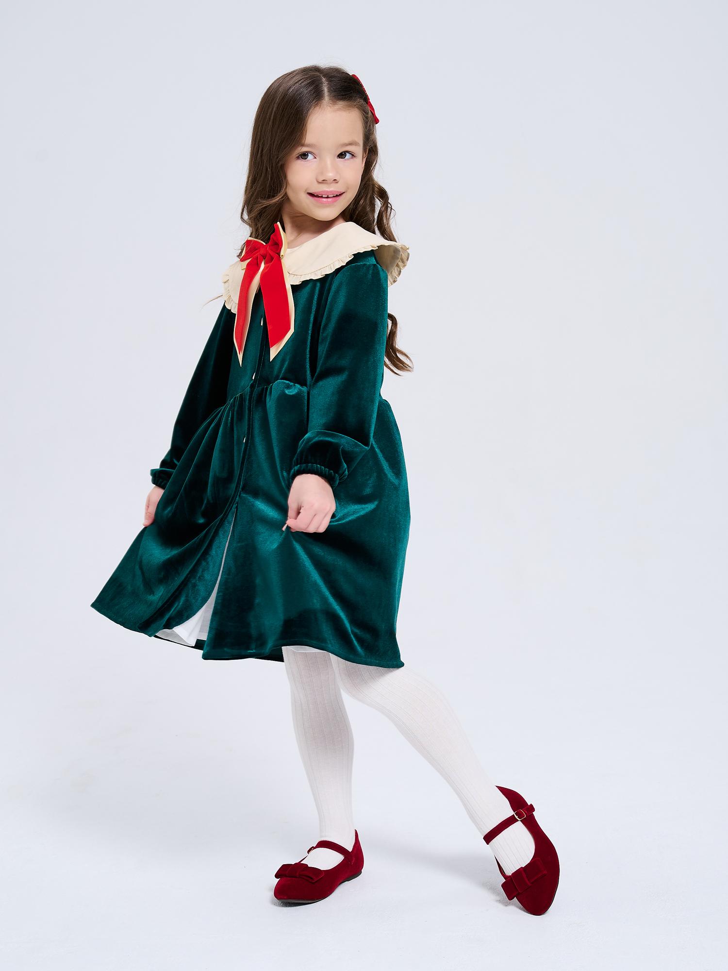 Бархатное платье изумрудного цвета с красным атласным бантом + заколкой