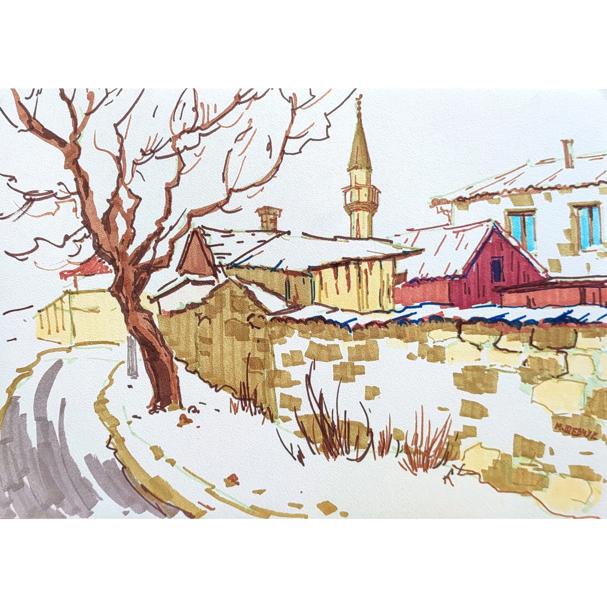 Зима у мечети Чукурча-Джами, 21х30, бум., маркеры, 2022