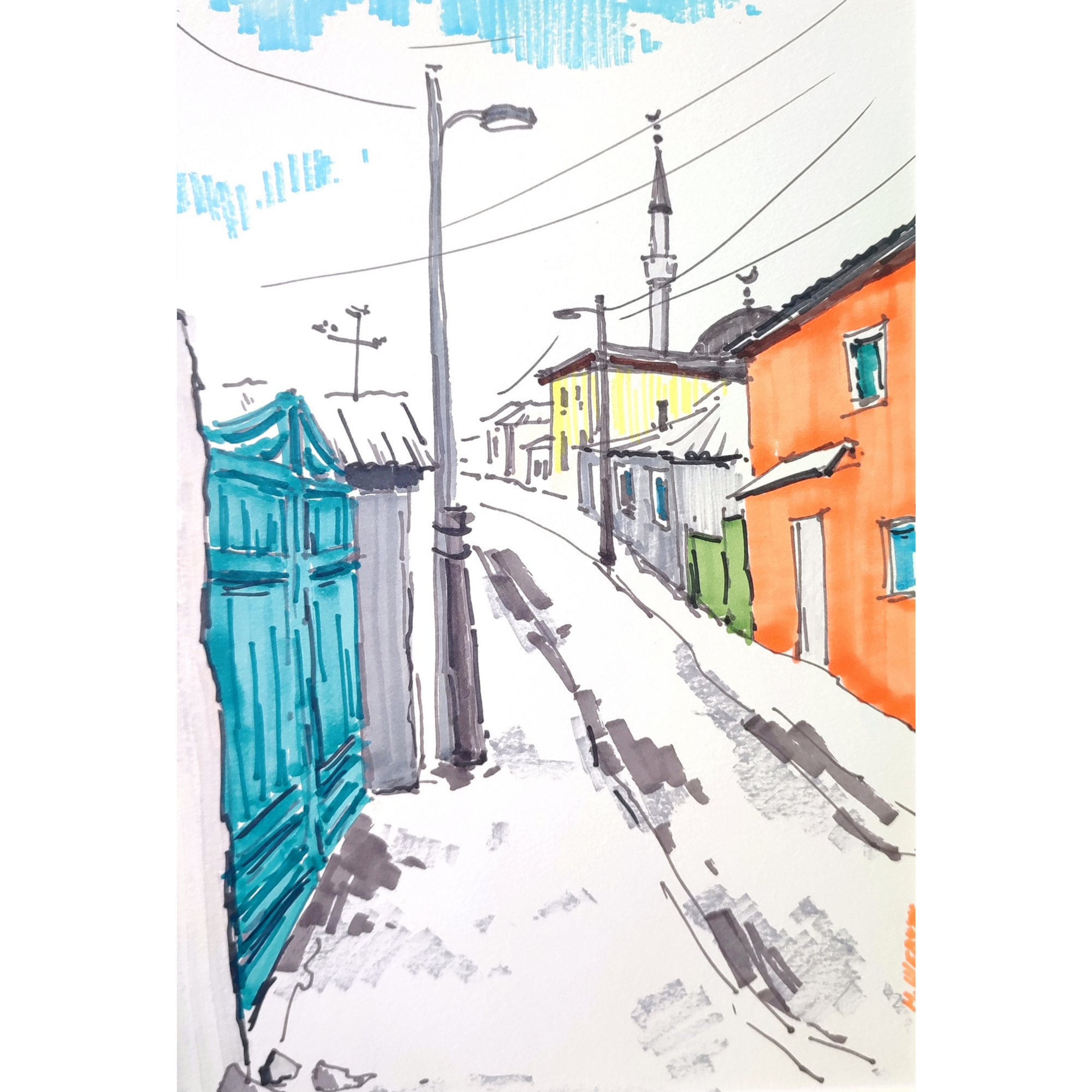 Вид на мечеть Сейт-Сеттар Джамиси, 30х21, бум., маркеры, 2020