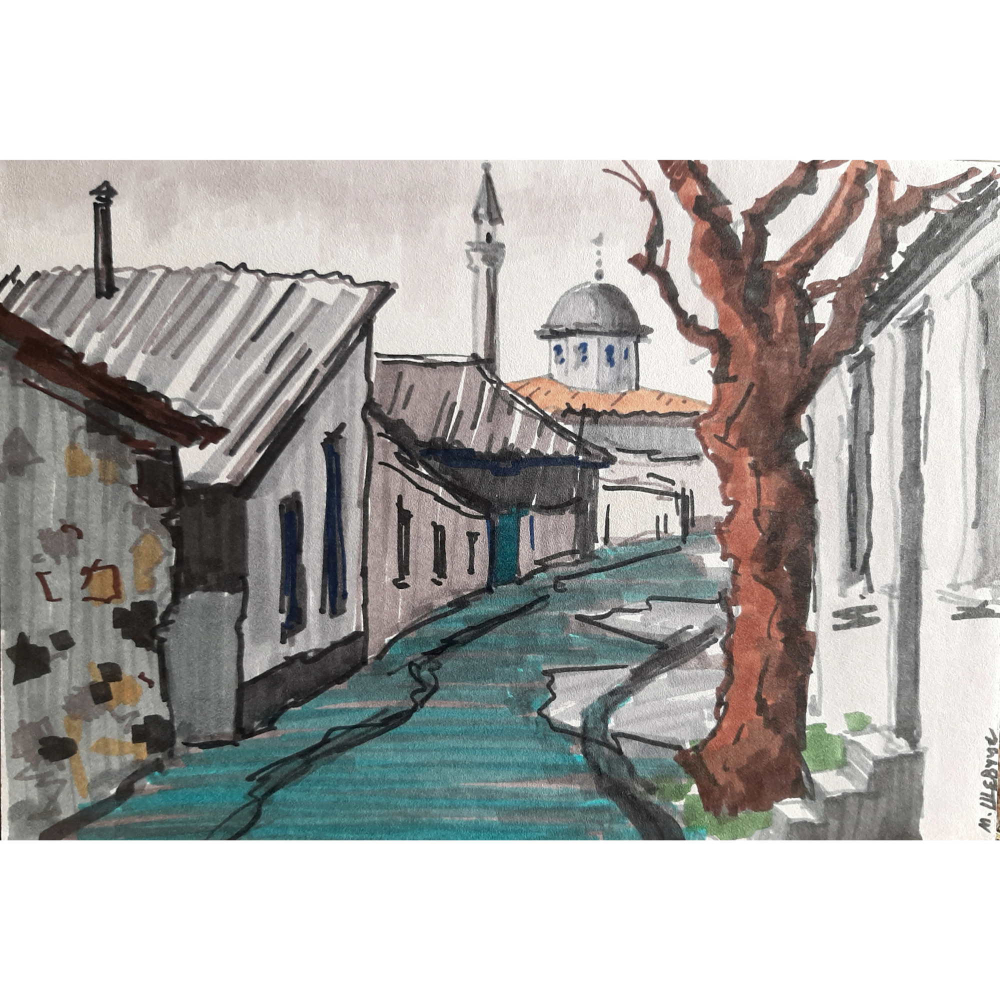 Пасмурный день в Симферополе, 21х30, бум., маркеры, 2020